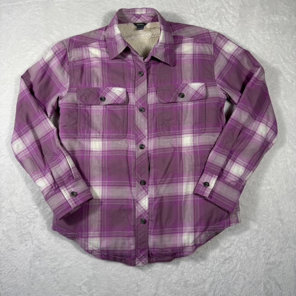 Eddie Bauer Women Purple Plaid Sherpa Lined Flannel Shirt Jacket XS Pockets